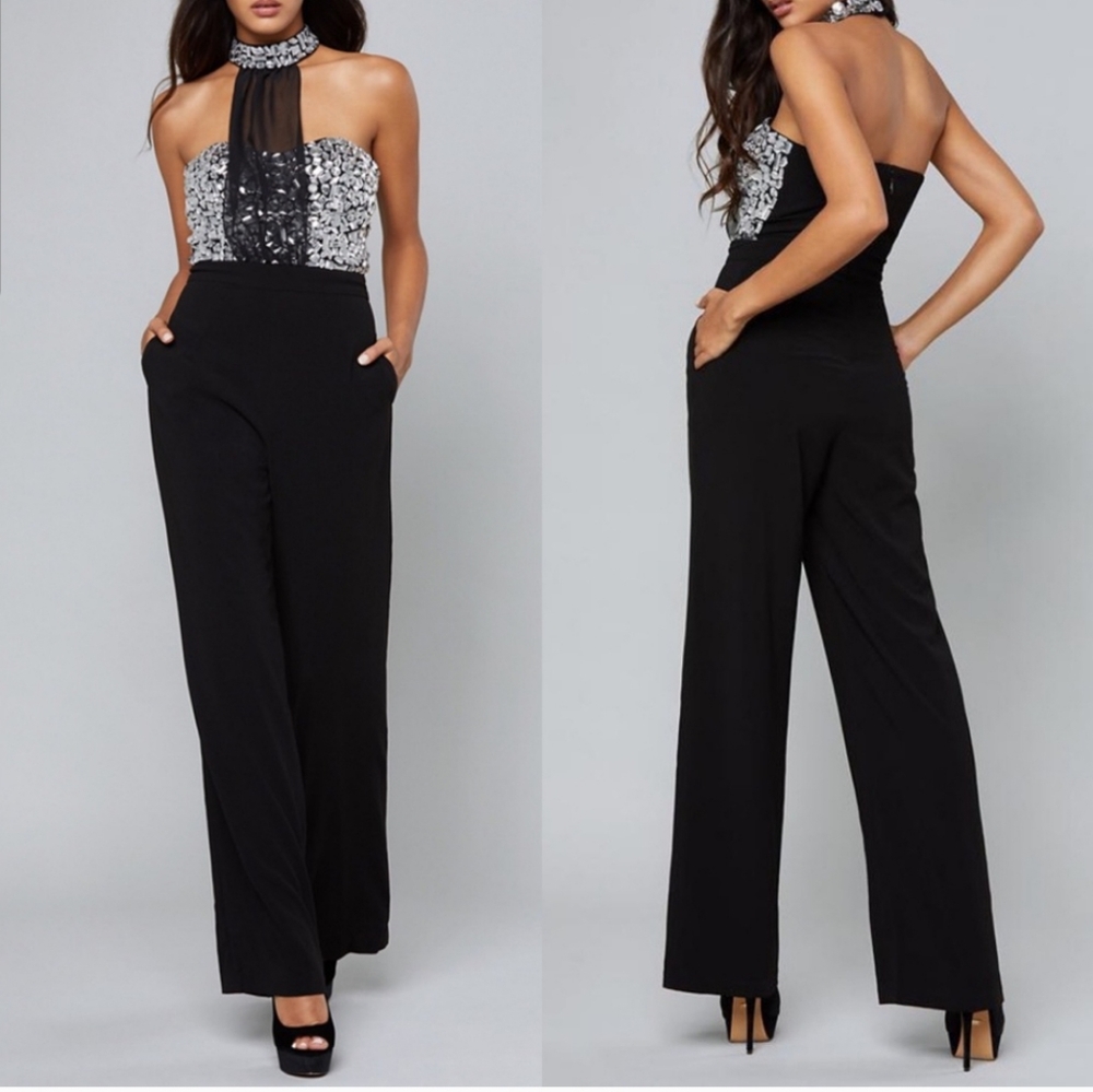 Bebe Mirrored Beaded Mock Neck Jumpsuit